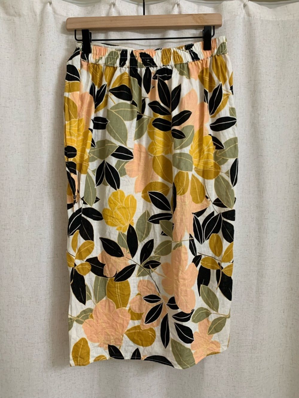 Rachel Zoe 100% Linen Leaf Print Wrap Skirt Yellow Peach Black Midi Small - Picture 2 of 7